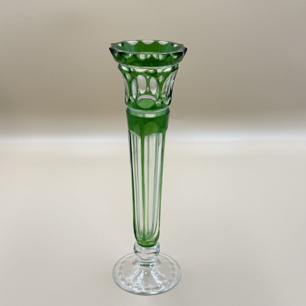 Vintage Czech Bohemian Green Cut to Clear Crystal Candlestick 9.5" Emerald